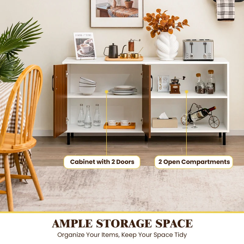 Modern Buffet Sideboard, Walnut, 2 Doors, Open Compartments