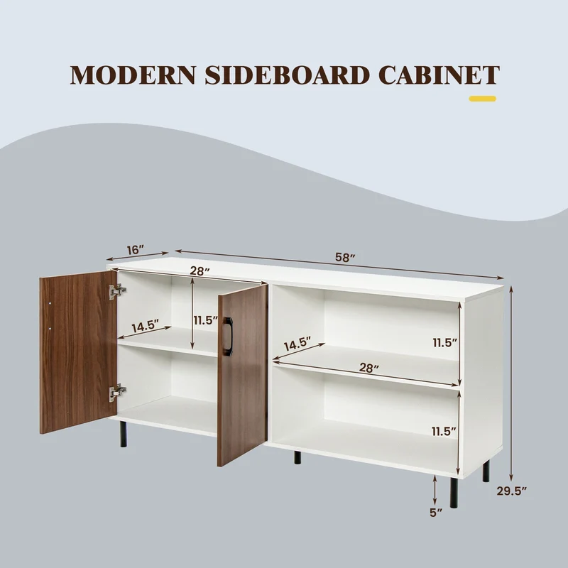 Modern Buffet Sideboard, Walnut, 2 Doors, Open Compartments