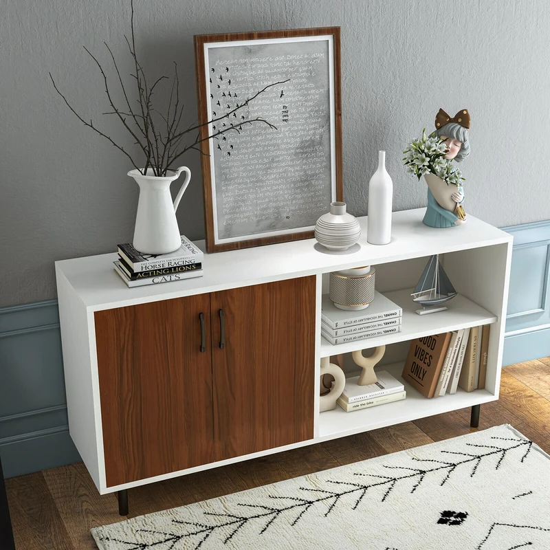 Modern Buffet Sideboard, Walnut, 2 Doors, Open Compartments