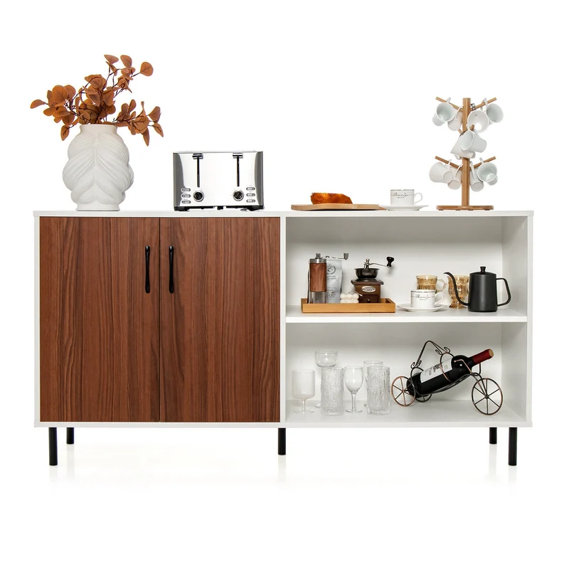 Modern Buffet Sideboard, Walnut, 2 Doors, Open Compartments