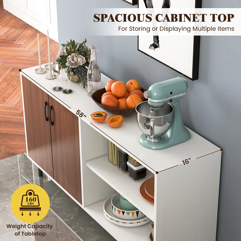 Modern Buffet Sideboard, Walnut, 2 Doors, Open Compartments