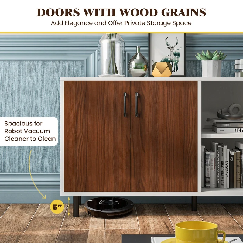 Modern Buffet Sideboard, Walnut, 2 Doors, Open Compartments