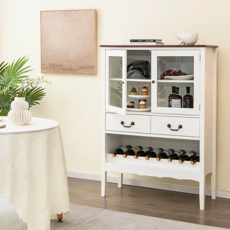 Sideboard Buffet Cabinet with 2 Tempered Glass Doors, White