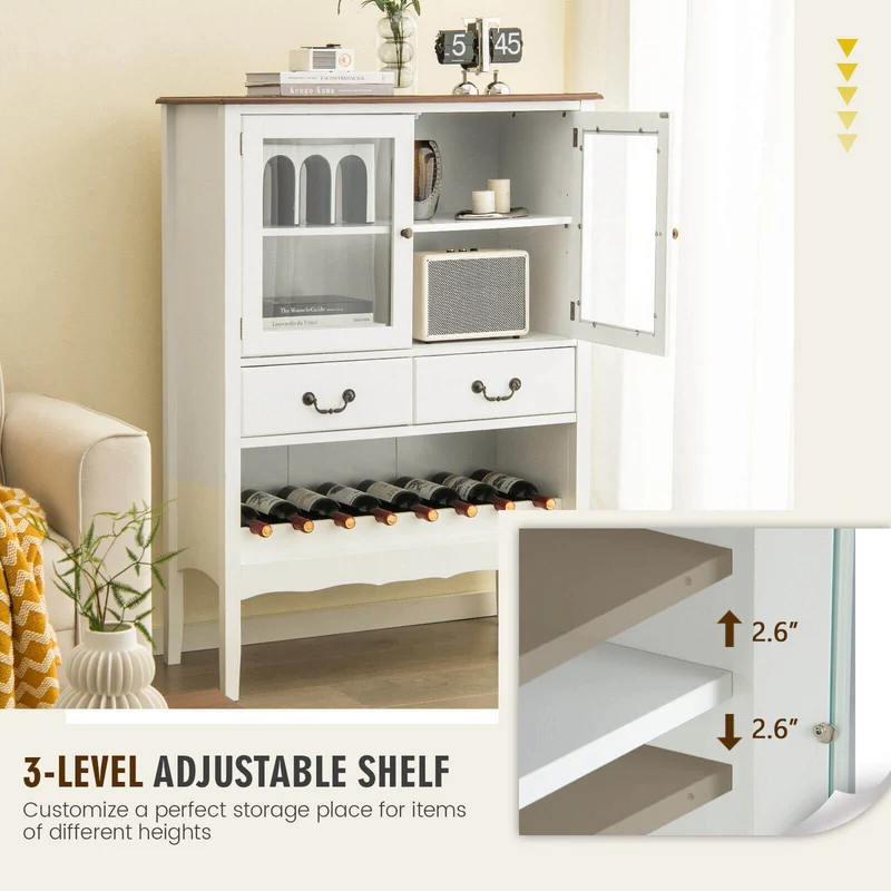 Sideboard Buffet Cabinet with 2 Tempered Glass Doors, White