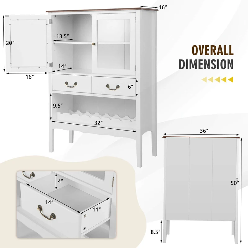 Sideboard Buffet Cabinet with 2 Tempered Glass Doors, White