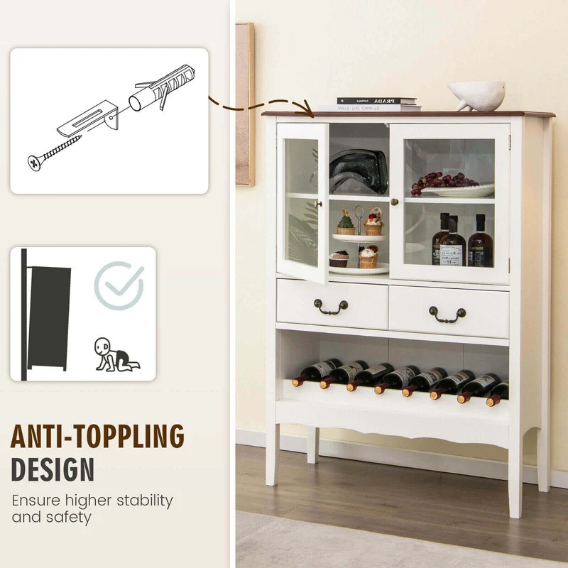 Sideboard Buffet Cabinet with 2 Tempered Glass Doors, White