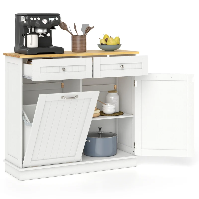 Rubber Wood Kitchen Trash Cabinet with Single Trash Can Holder and Adjustable Shelf, White
