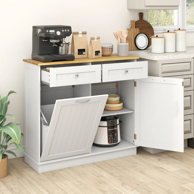 Rubber Wood Kitchen Trash Cabinet with Single Trash Can Holder and Adjustable Shelf, White