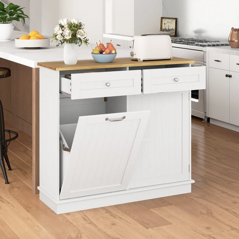 Rubber Wood Kitchen Trash Cabinet with Single Trash Can Holder and Adjustable Shelf, White