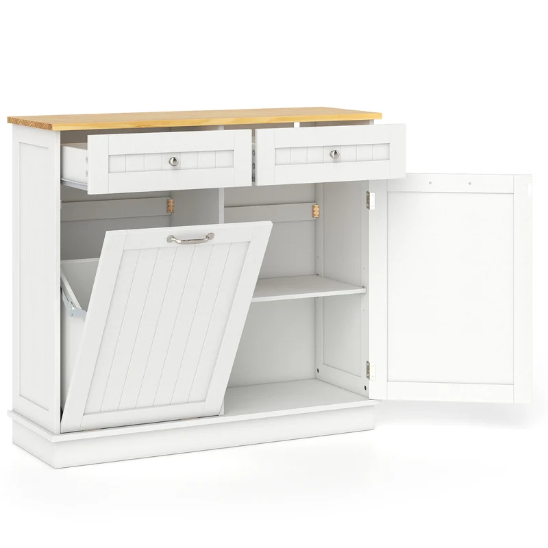 Rubber Wood Kitchen Trash Cabinet with Single Trash Can Holder and Adjustable Shelf, White