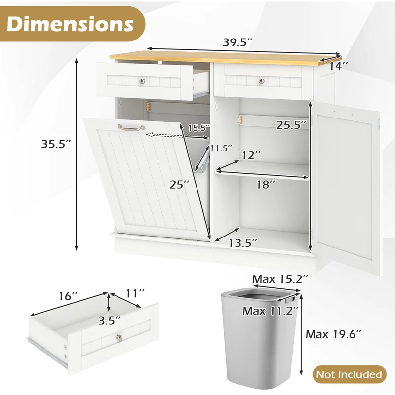 Rubber Wood Kitchen Trash Cabinet with Single Trash Can Holder and Adjustable Shelf, White