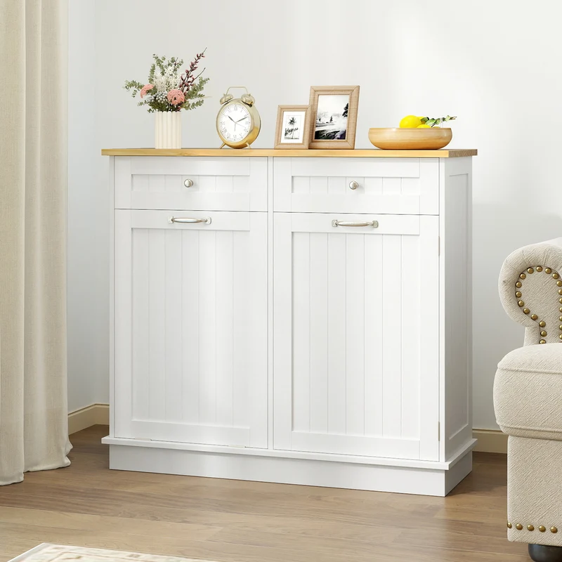 Rubber Wood Kitchen Trash Cabinet with Single Trash Can Holder and Adjustable Shelf, White