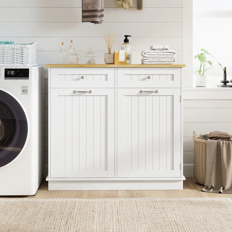 Rubber Wood Kitchen Trash Cabinet with Single Trash Can Holder and Adjustable Shelf, White