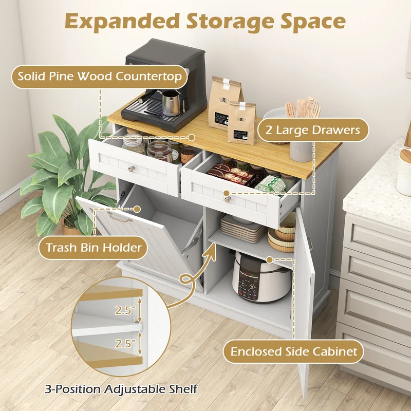 Rubber Wood Kitchen Trash Cabinet with Single Trash Can Holder and Adjustable Shelf, White