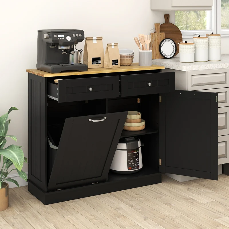 Kitchen Tilt Out Trash Cabinet with 2 Drawers and Adjustable Shelf, Black