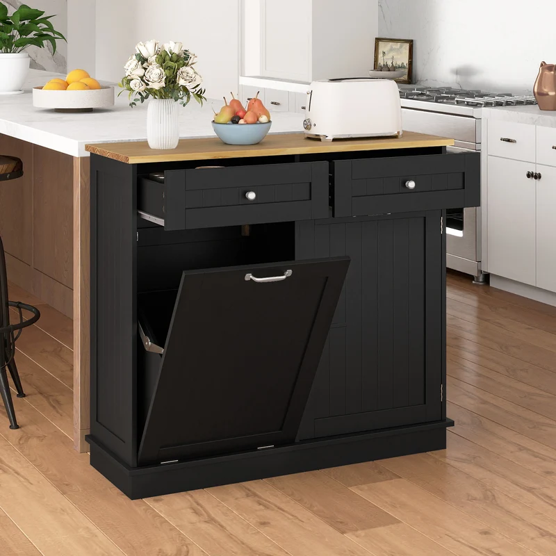 Kitchen Tilt Out Trash Cabinet with 2 Drawers and Adjustable Shelf, Black