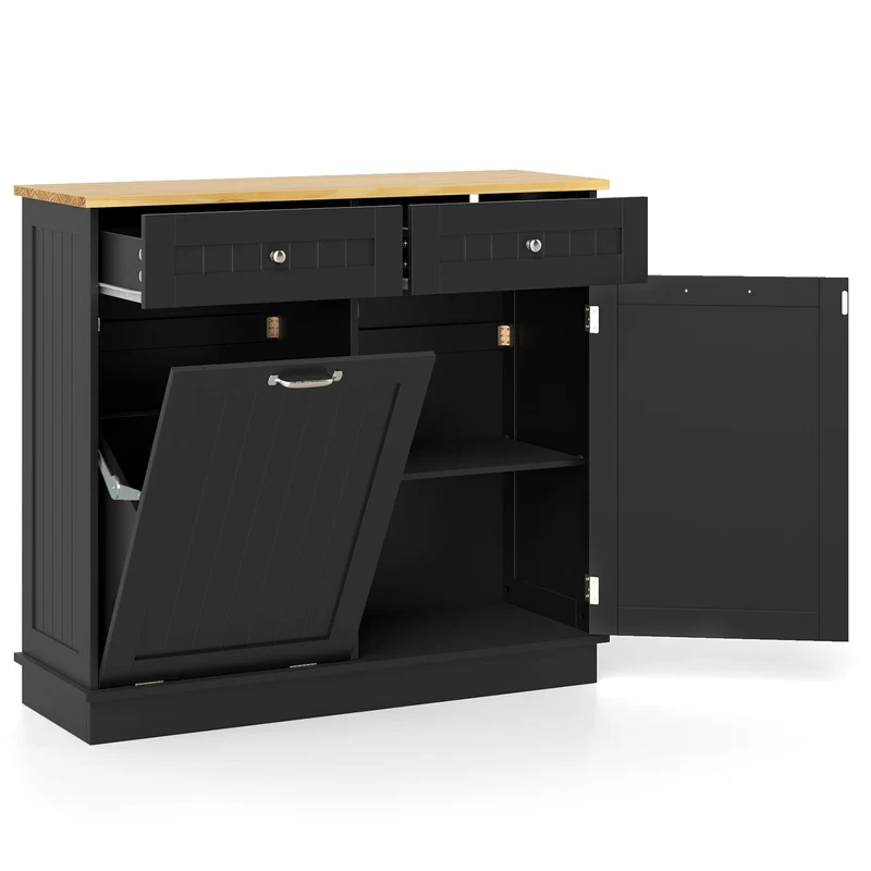 Kitchen Tilt Out Trash Cabinet with 2 Drawers and Adjustable Shelf, Black