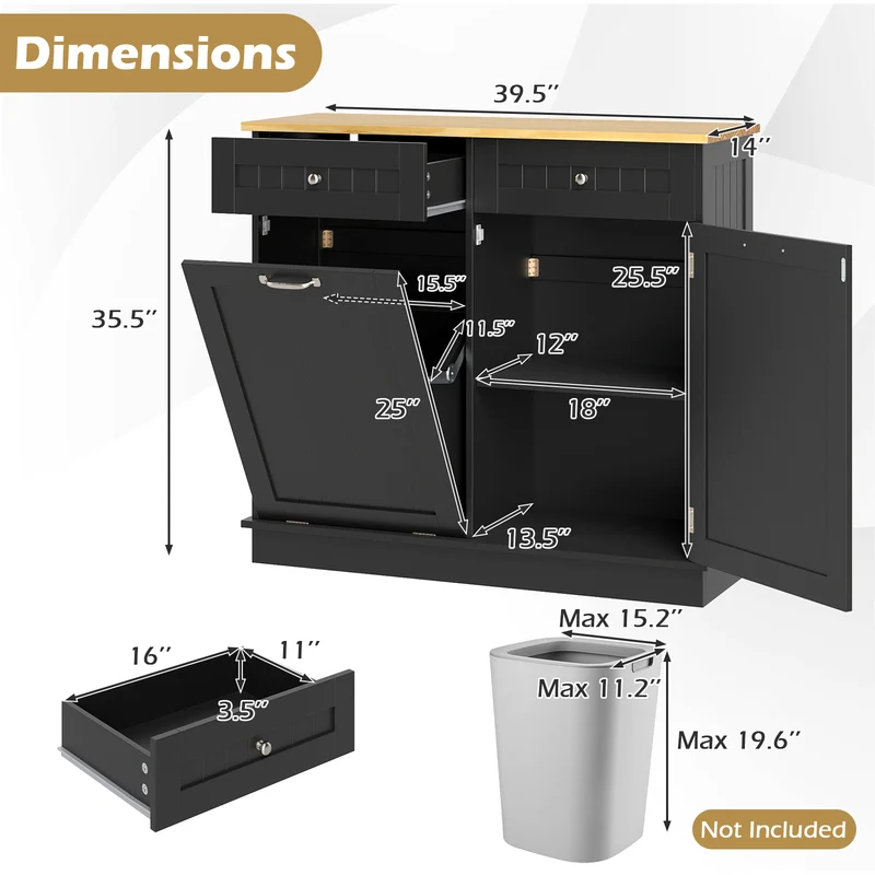 Kitchen Tilt Out Trash Cabinet with 2 Drawers and Adjustable Shelf, Black