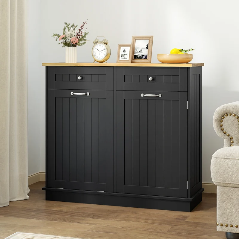 Kitchen Tilt Out Trash Cabinet with 2 Drawers and Adjustable Shelf, Black
