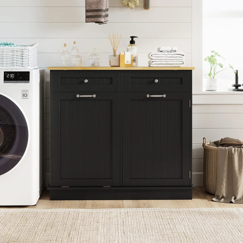 Kitchen Tilt Out Trash Cabinet with 2 Drawers and Adjustable Shelf, Black