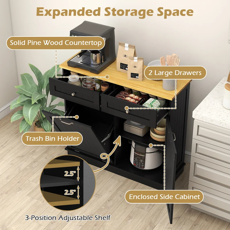 Kitchen Tilt Out Trash Cabinet with 2 Drawers and Adjustable Shelf, Black