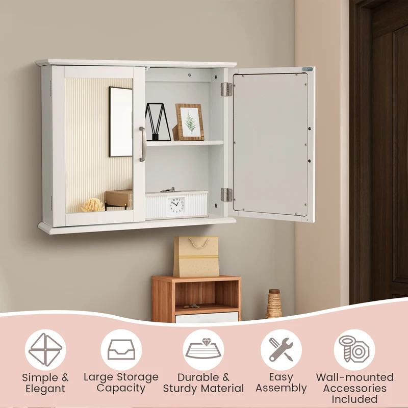 2-Tier Bathroom Mirror Cabinet, Wall-Mounted, White