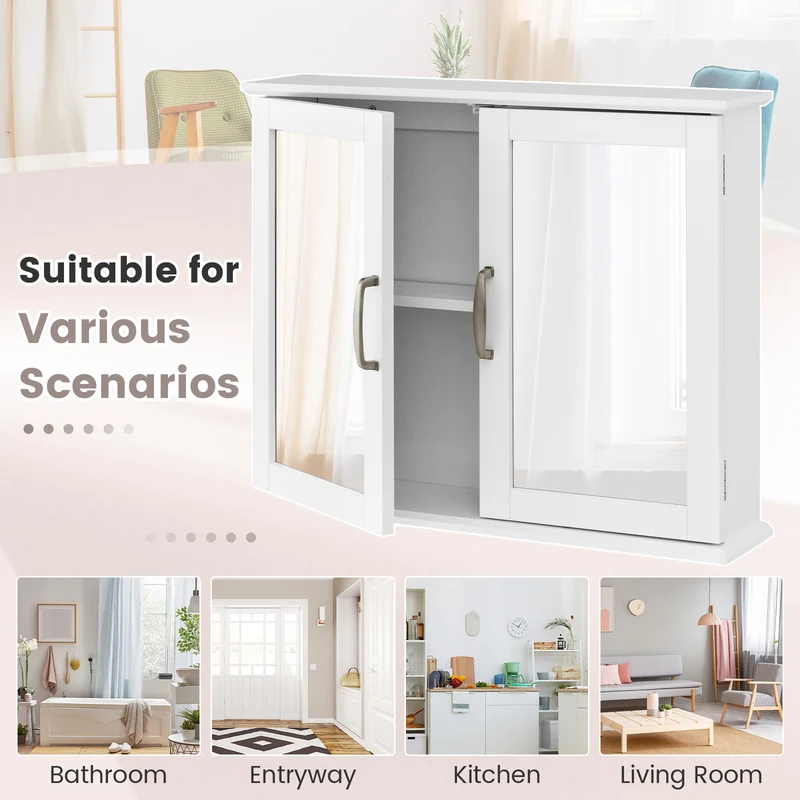 2-Tier Bathroom Mirror Cabinet, Wall-Mounted, White