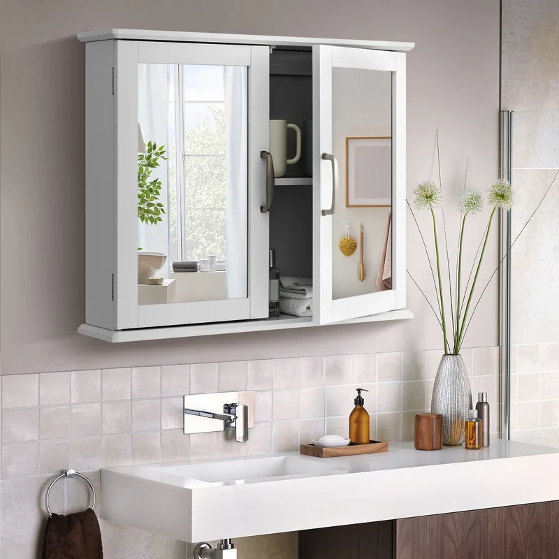 2-Tier Bathroom Mirror Cabinet, Wall-Mounted, White