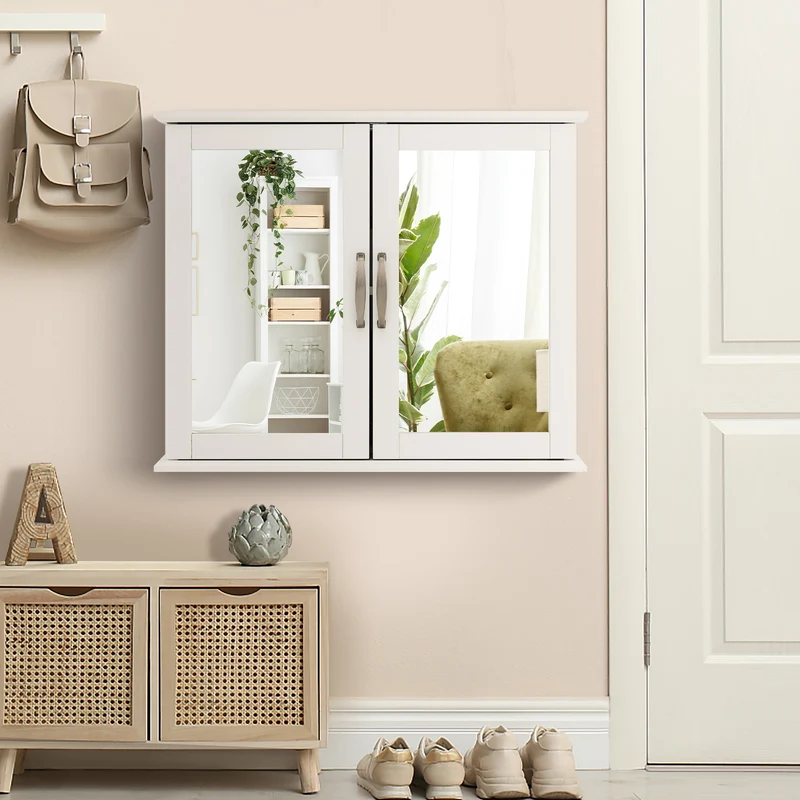 2-Tier Bathroom Mirror Cabinet, Wall-Mounted, White