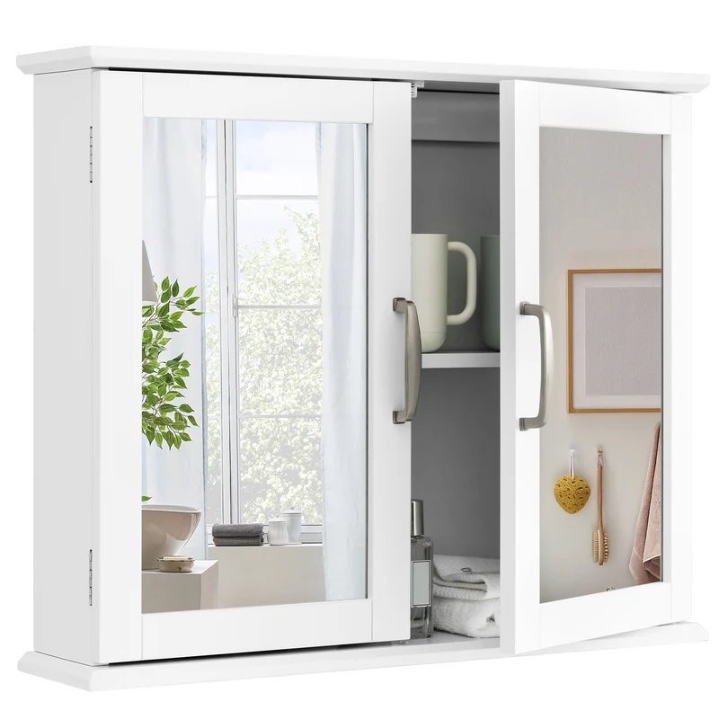 2-Tier Bathroom Mirror Cabinet, Wall-Mounted, White