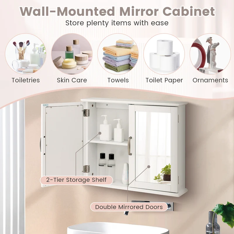 2-Tier Bathroom Mirror Cabinet, Wall-Mounted, White