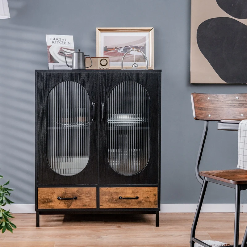 Kitchen Industrial Buffet Sideboard with Tempered Glass Doors, Black