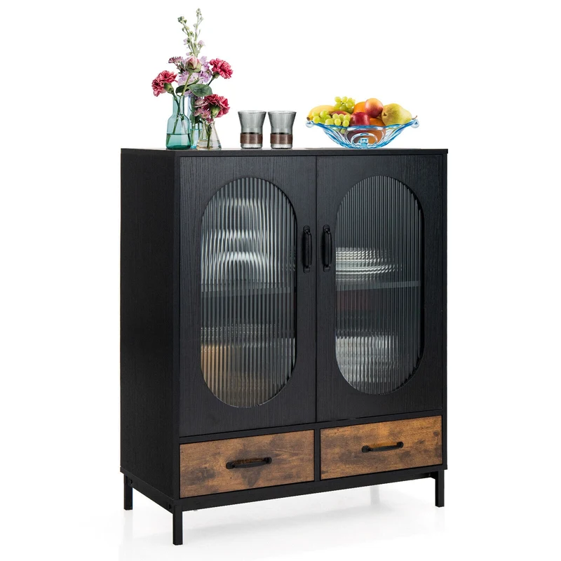 Kitchen Industrial Buffet Sideboard with Tempered Glass Doors, Black
