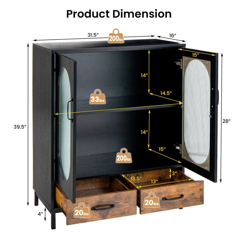 Kitchen Industrial Buffet Sideboard with Tempered Glass Doors, Black