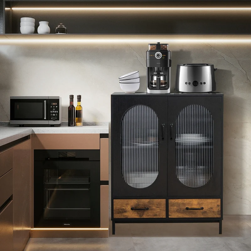Kitchen Industrial Buffet Sideboard with Tempered Glass Doors, Black