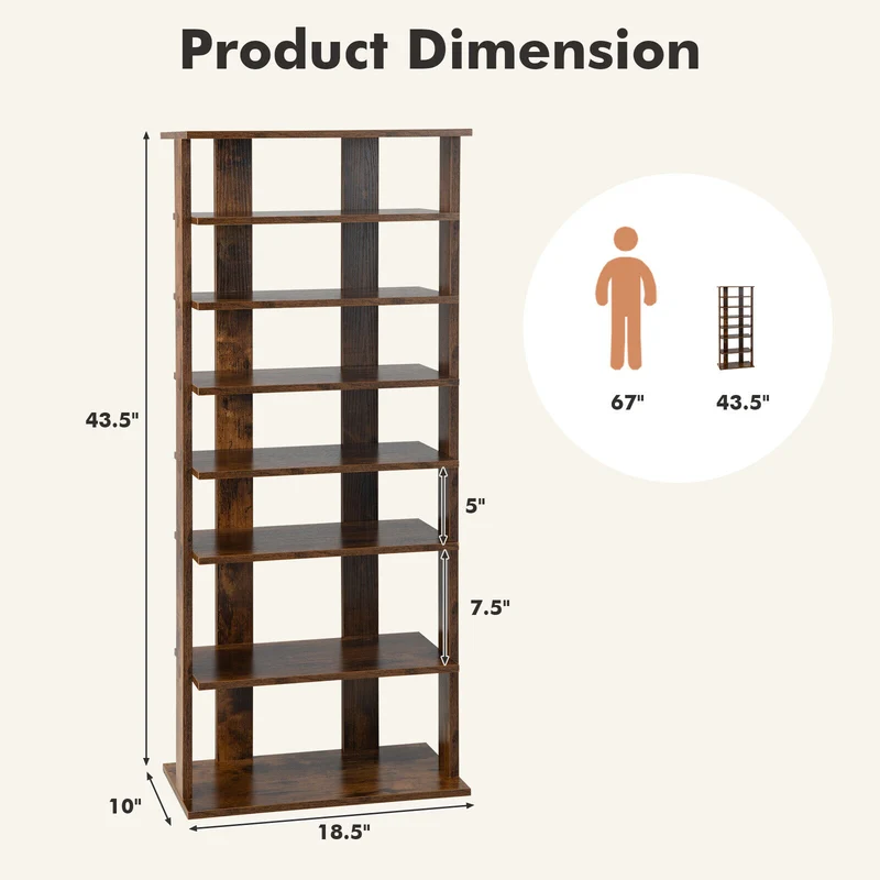 7 Tiers Vertical Shoe Rack, Rustic Brown