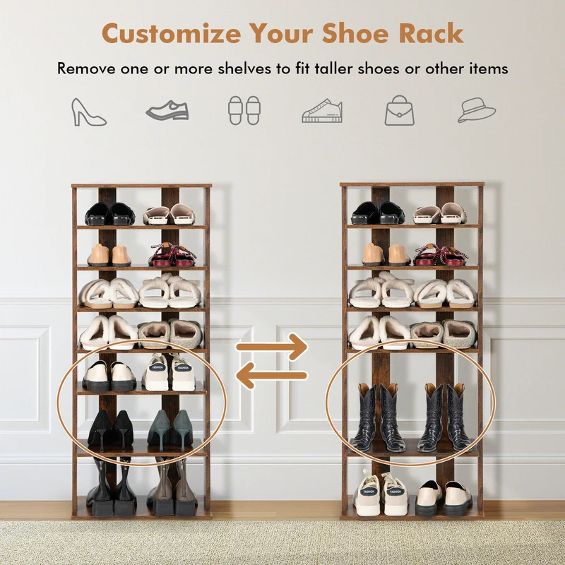 7 Tiers Vertical Shoe Rack, Rustic Brown