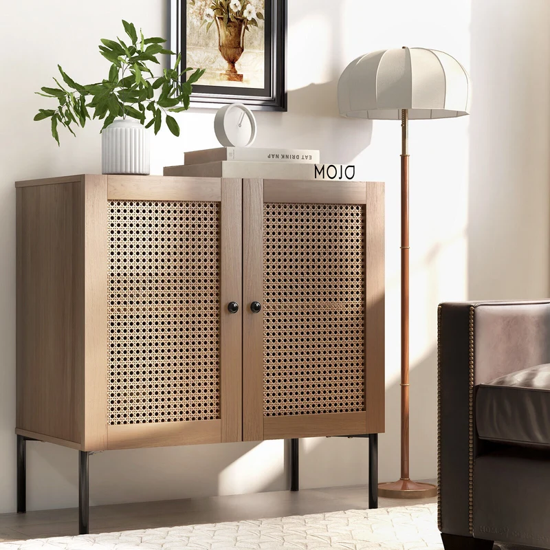 Kitchen Sideboard, 2 Rattan Doors, Adjustable Shelf, Oak