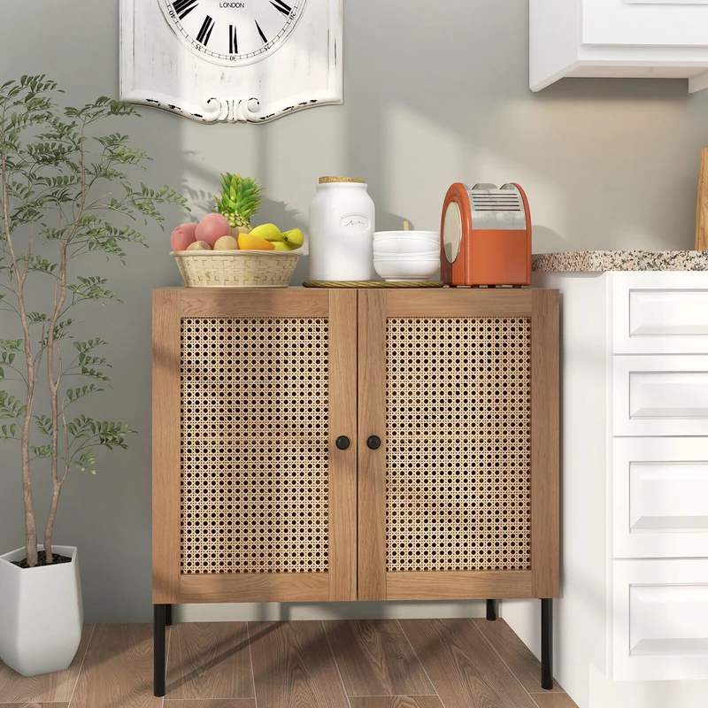 Kitchen Sideboard, 2 Rattan Doors, Adjustable Shelf, Oak