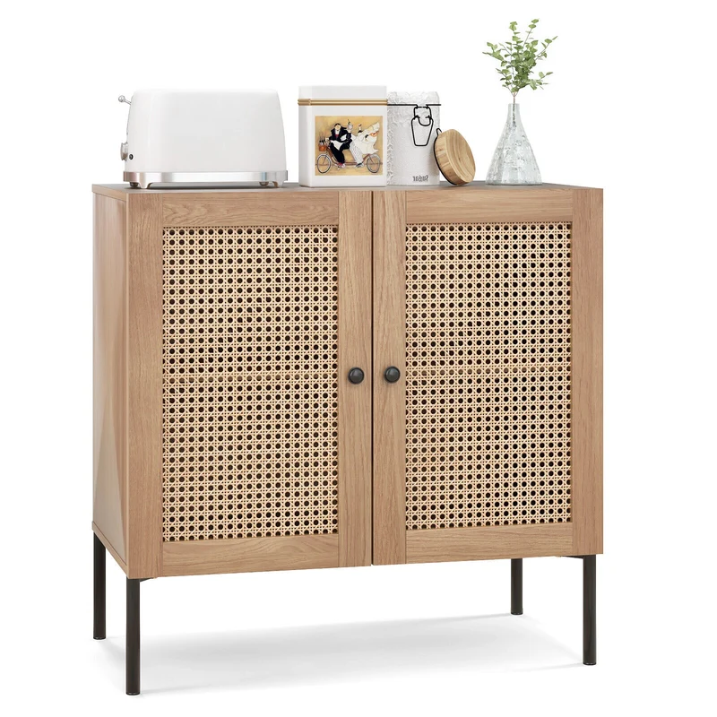 Kitchen Sideboard, 2 Rattan Doors, Adjustable Shelf, Oak