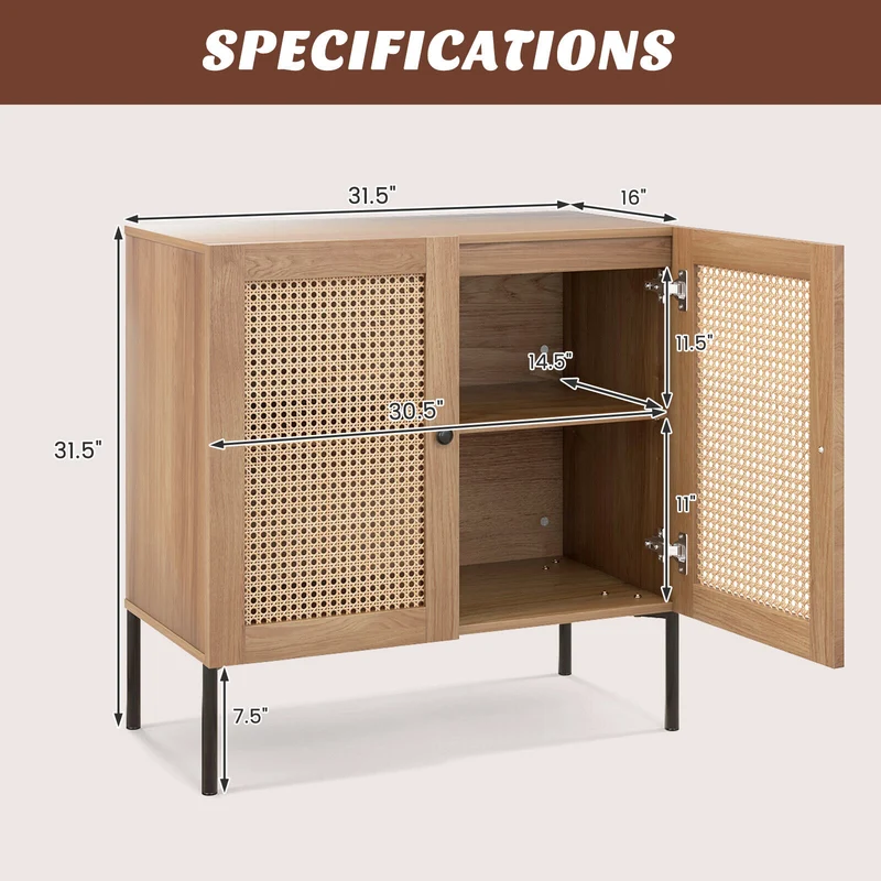 Kitchen Sideboard, 2 Rattan Doors, Adjustable Shelf, Oak