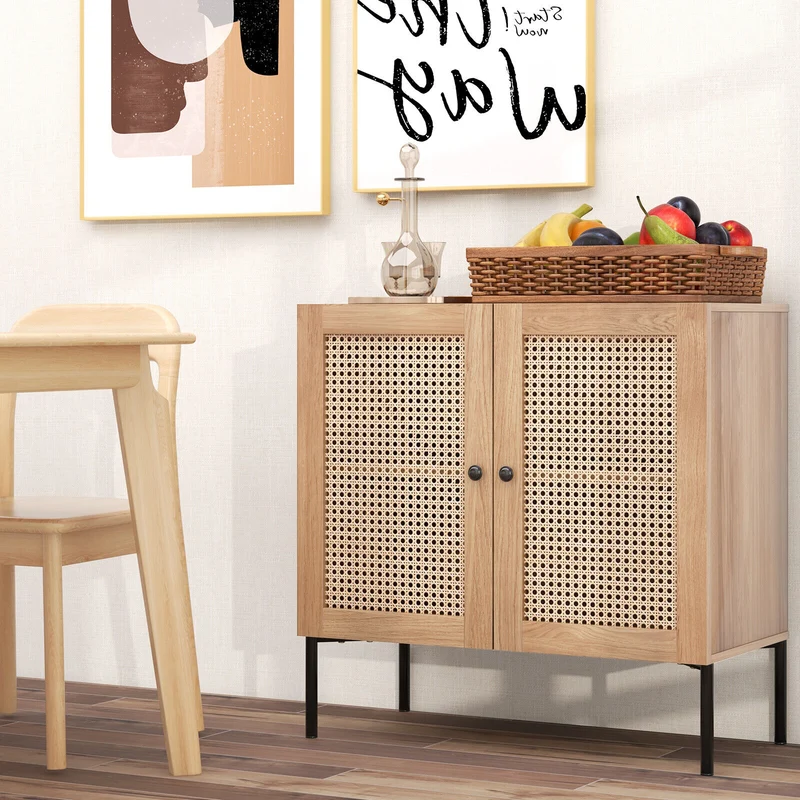 Kitchen Sideboard, 2 Rattan Doors, Adjustable Shelf, Oak