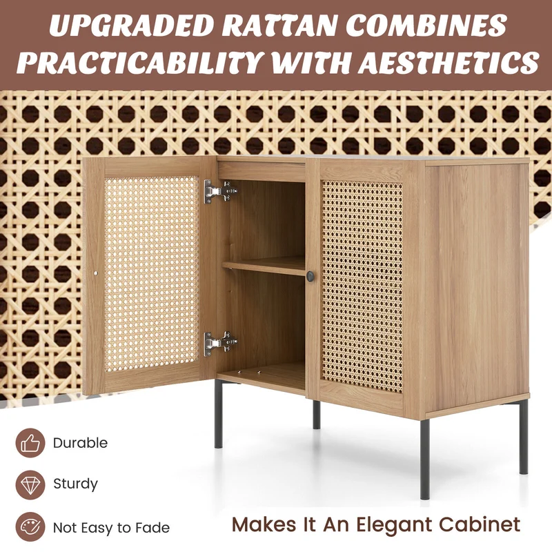 Kitchen Sideboard, 2 Rattan Doors, Adjustable Shelf, Oak