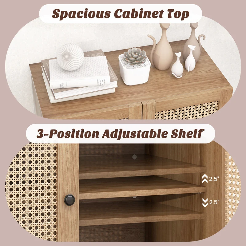 Kitchen Sideboard, 2 Rattan Doors, Adjustable Shelf, Oak