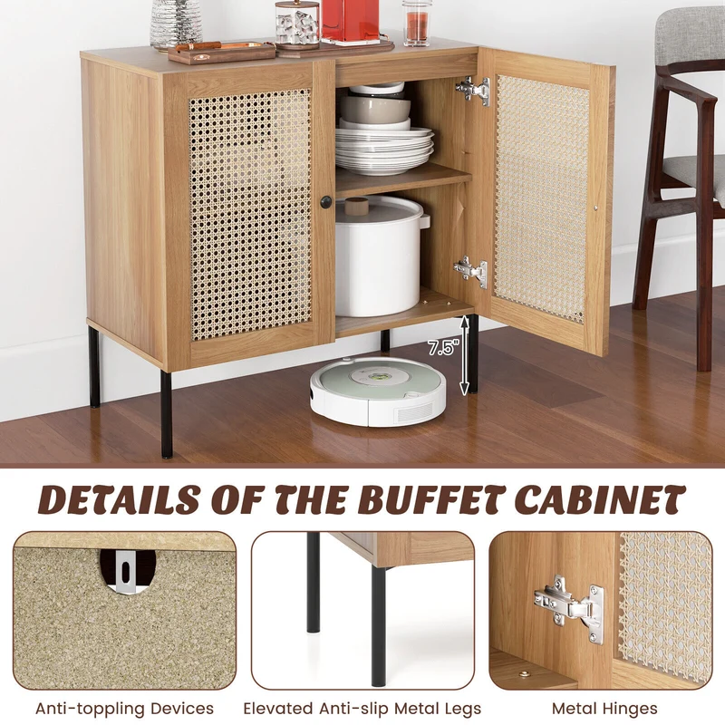 Kitchen Sideboard, 2 Rattan Doors, Adjustable Shelf, Oak