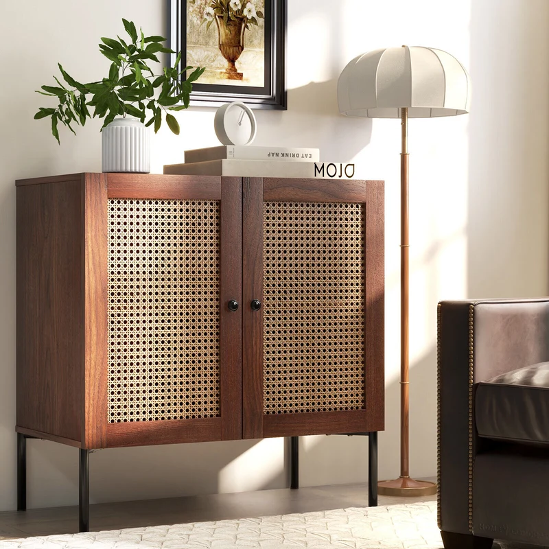 Kitchen Sideboard With 2 Rattan Doors, Adjustable Shelf, Walnut