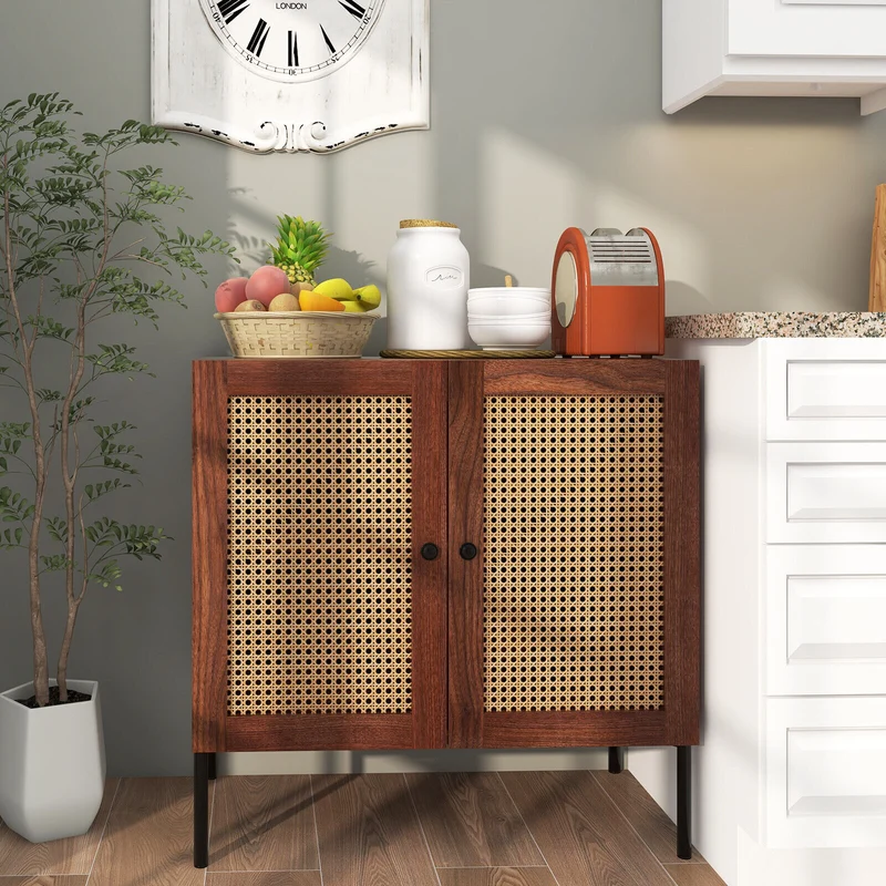 Kitchen Sideboard With 2 Rattan Doors, Adjustable Shelf, Walnut