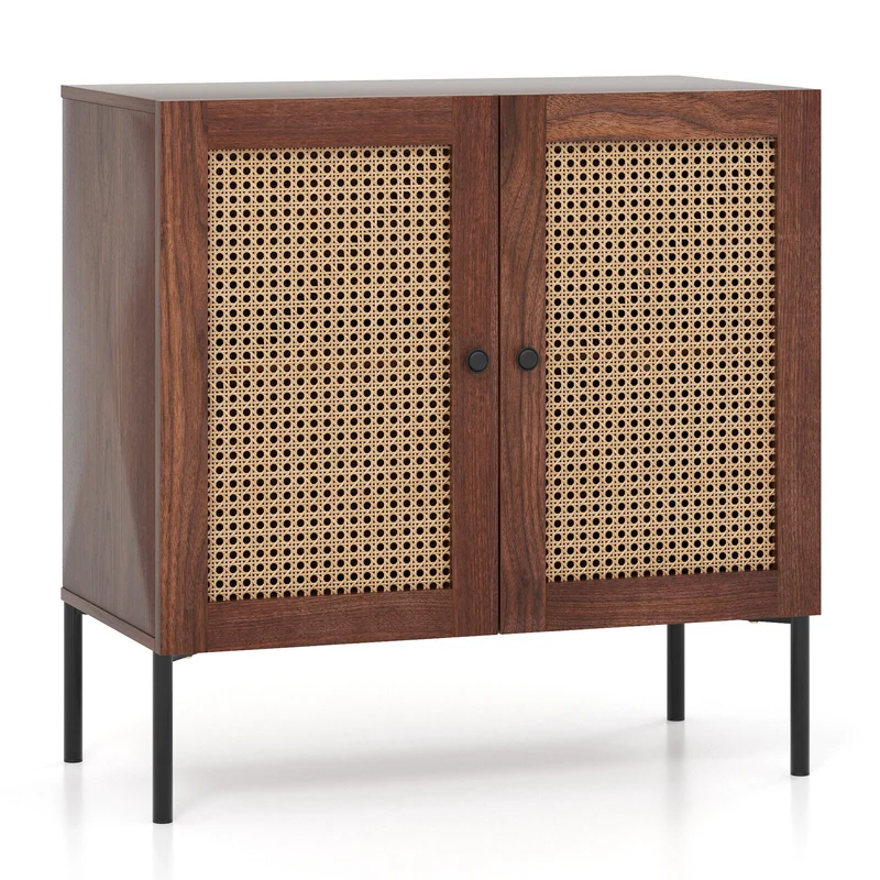 Kitchen Sideboard With 2 Rattan Doors, Adjustable Shelf, Walnut