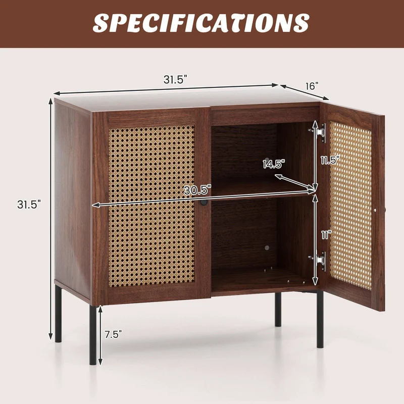 Kitchen Sideboard With 2 Rattan Doors, Adjustable Shelf, Walnut