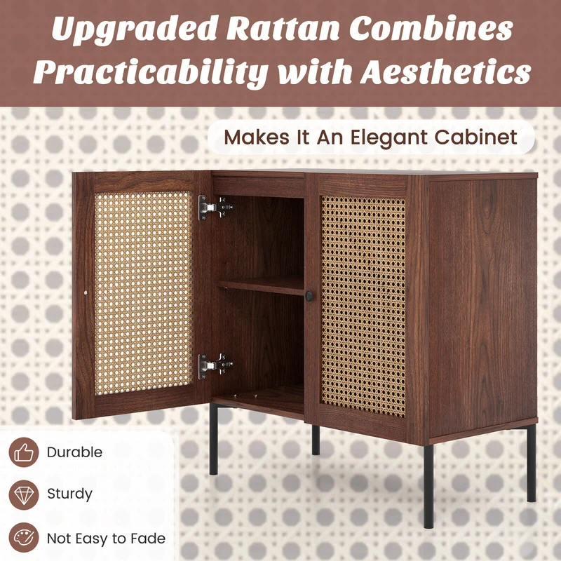 Kitchen Sideboard With 2 Rattan Doors, Adjustable Shelf, Walnut